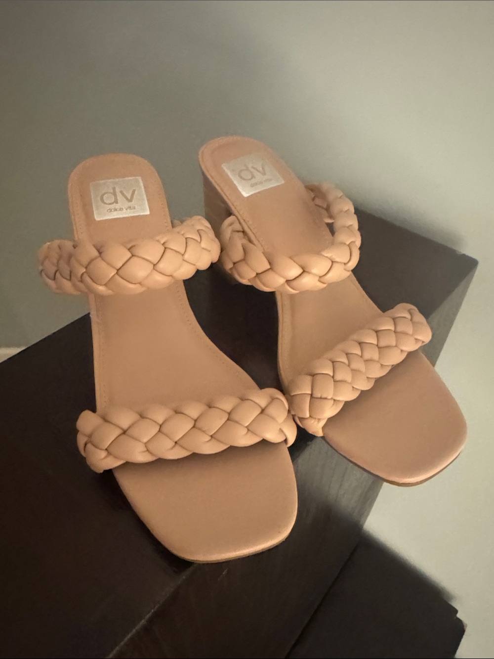 Dolce Vita Braided Double-Strap Block Heel Sandals — Beige